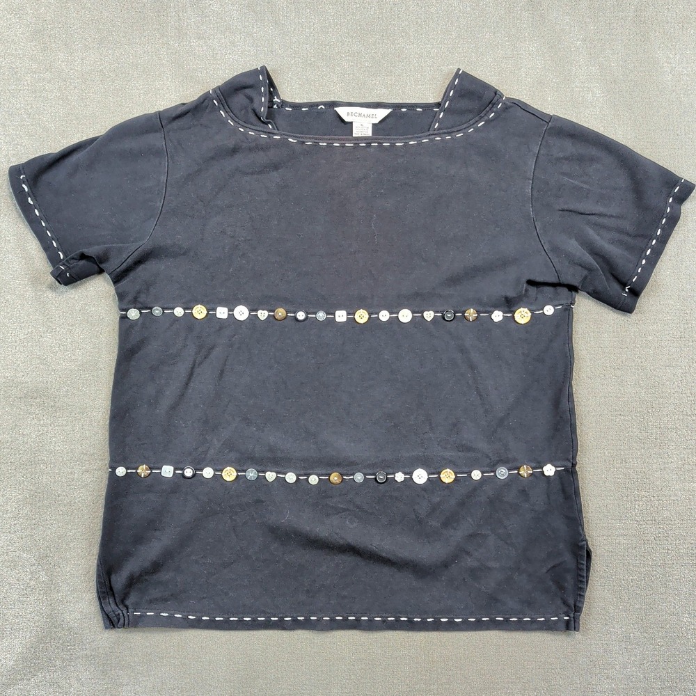 Bechamel Button Detail Top XL Womens Black Cotton Whipstitch Boho Tee Button Art